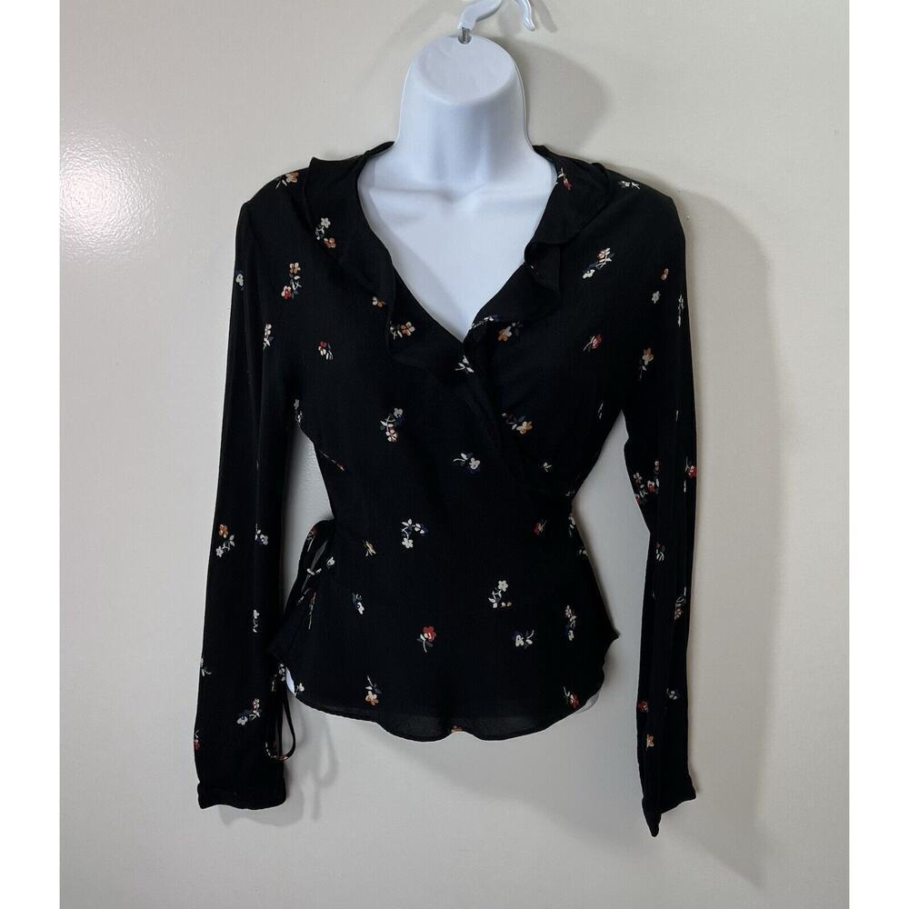 Rails Womens Wrap Blouse Size S Black Floral Sheer Ruffles Boho Fairy Multicolor